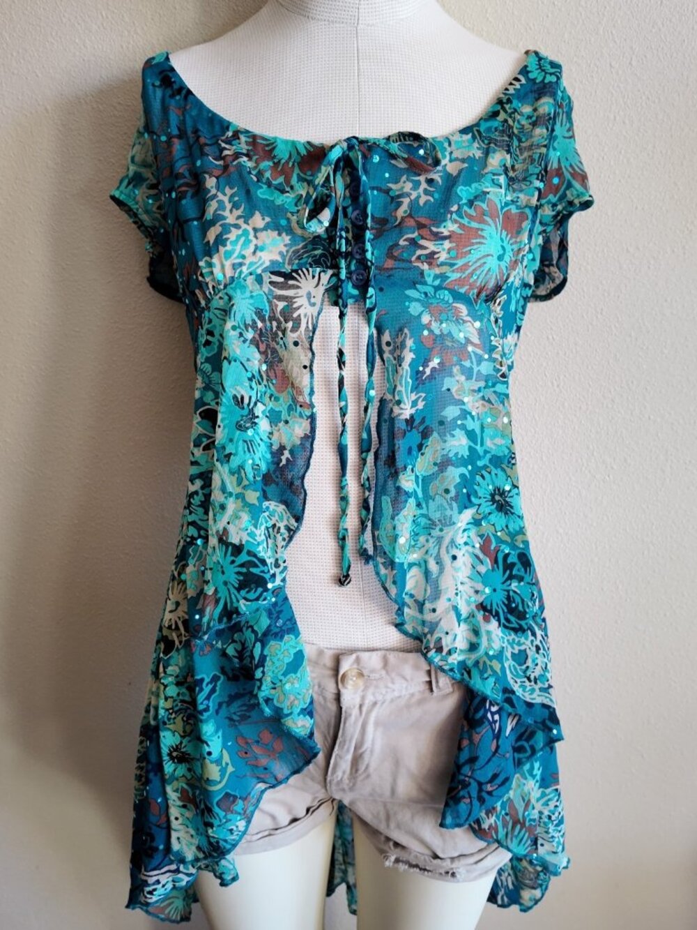 VTG Rampage Y2K Fairycore Whimsigoth Sheer Mesh Split Front Blouse size S